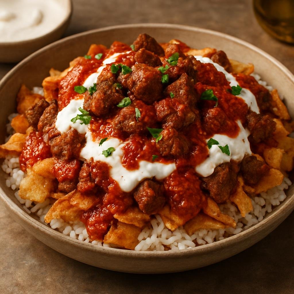 Entree: Egypt – Cairo & Delta – فتة ➤ Fattah (Layered dish of crispy flatbread and rice topped with spiced meat and garlicky tomato and yogurt sauces) recipe