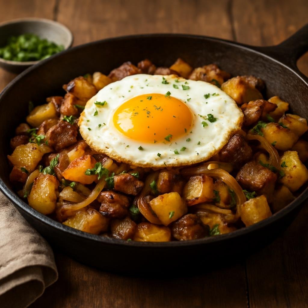Entree: Austria – Salzburg & Alpine Austria – Tiroler Gröstl (Hearty pan-fried alpine hash of potatoes, meat, onions and a fried egg) recipe