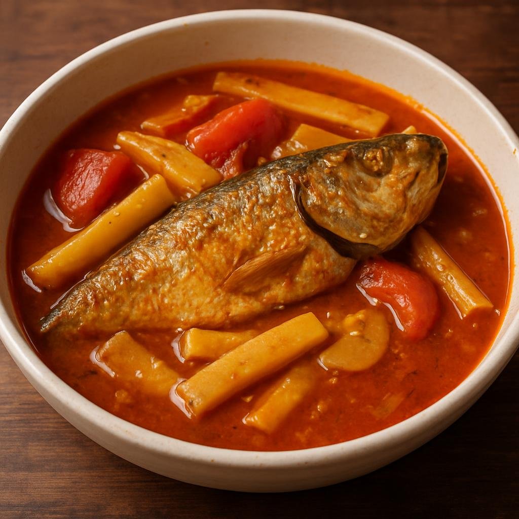 Entree: Myanmar – Kachin & Northern Myanmar – ကချင်ငါးဟင်း ➤ Kachin nga hin (Kachin-style fish stew simmered with tomatoes, bamboo shoots, ginger, and fermented fish paste) recipe