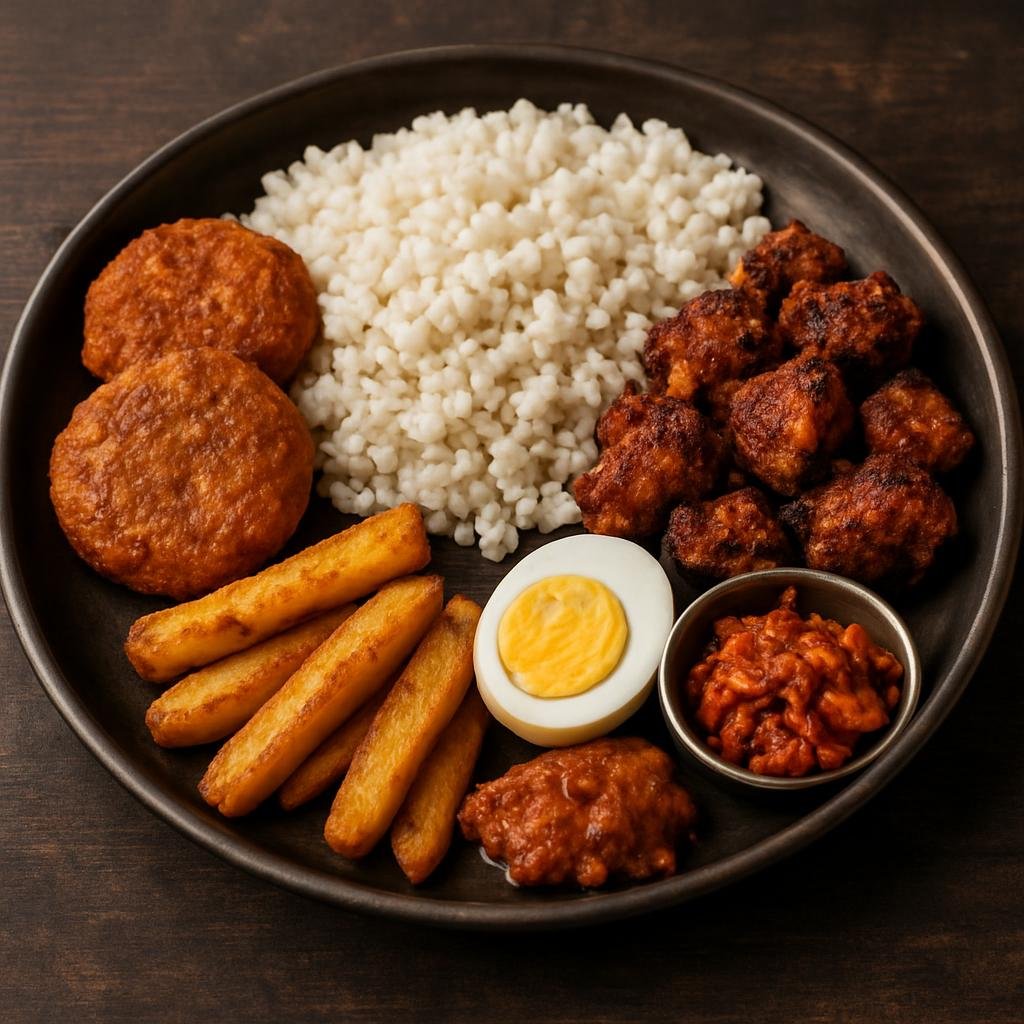 Entree: Nepal – Kathmandu Valley – नेवारी खाजा सेट ➤ Newari Khaja Set (Newar-style platter of beaten rice served with lentil patties, spiced grilled meat, pickle, egg, and fried potato) recipe