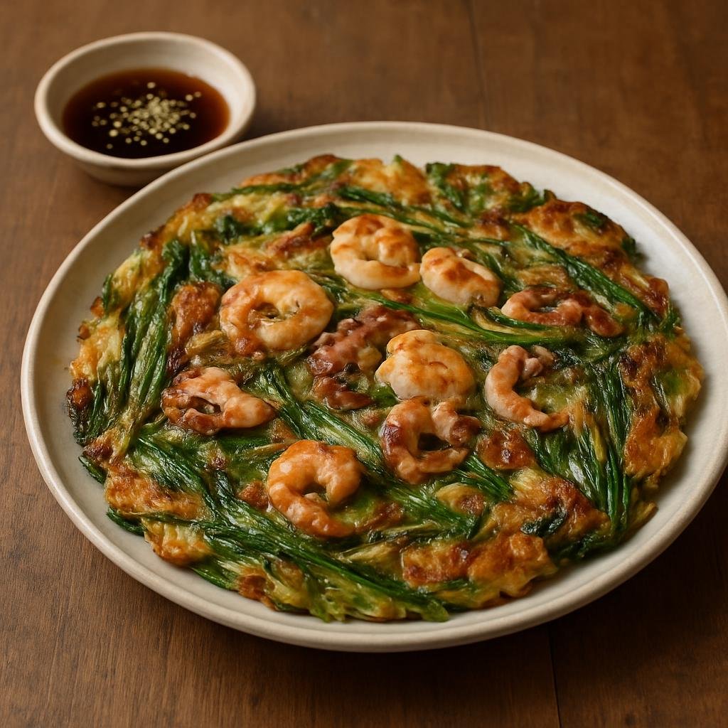 Entree: South Korea – Gyeongsang – 동래파전 ➤ Dongnae pajeon (Crisp pan-fried green onion pancake often studded with seafood from Dongnae) recipe