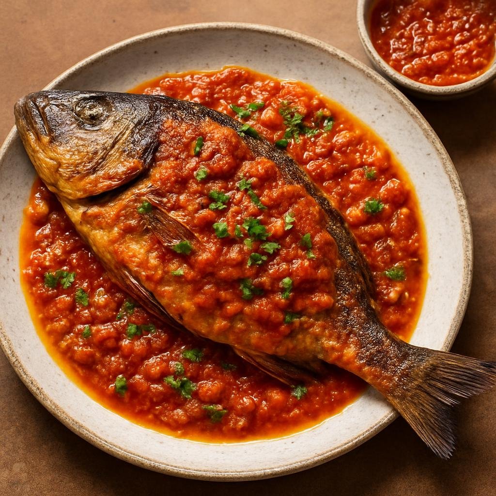 Entree: Syria – Coastal Syria – سمك حرة ➤ Samkeh Harra (Spicy baked whole fish topped with a garlicky tahini-tomato sauce) recipe