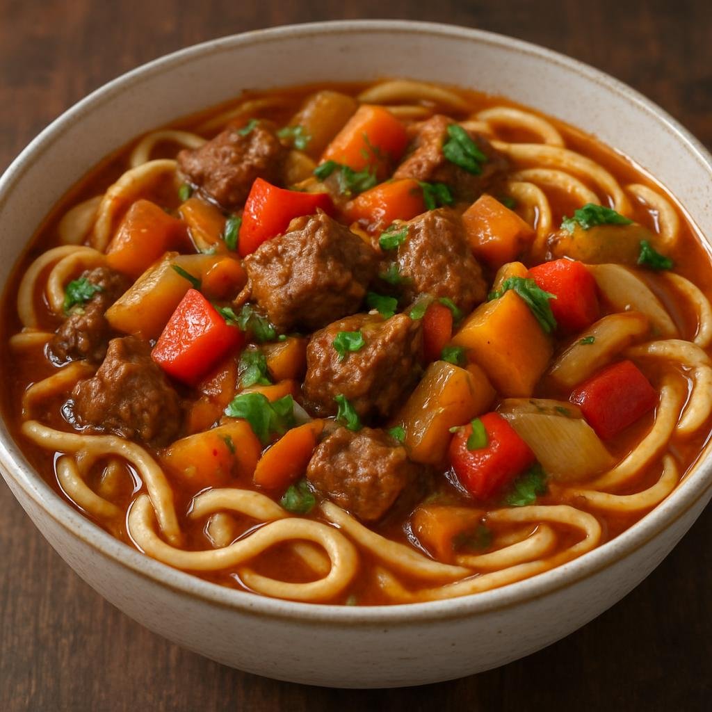 Entree: Uzbekistan – Fergana Valley – Lagman (Hand-pulled Central Asian noodles simmered with spiced lamb and mixed vegetables in a savory broth) recipe