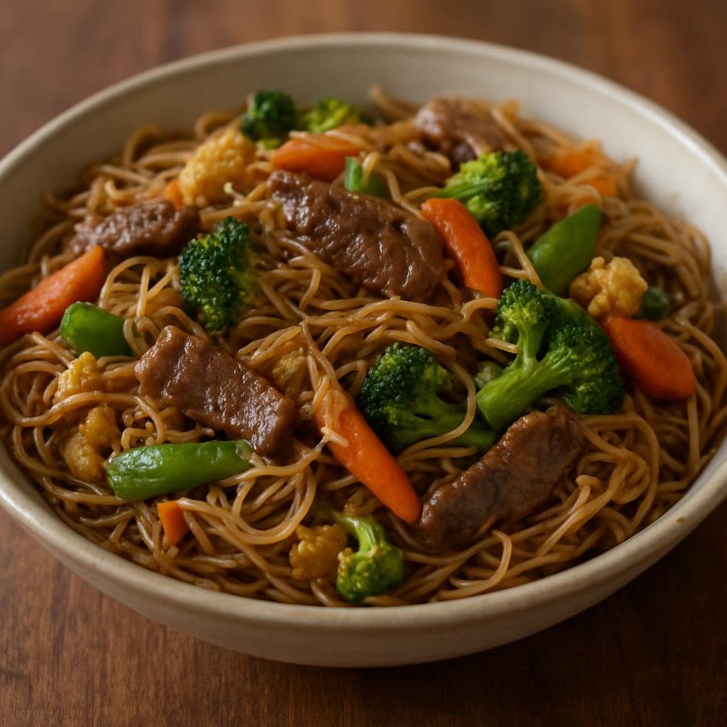 Entree: American Samoa – National Cuisine – Sapasui (Samoan-style chop suey of thin vermicelli noodles with beef and mixed vegetables in a savory soy sauce) recipe