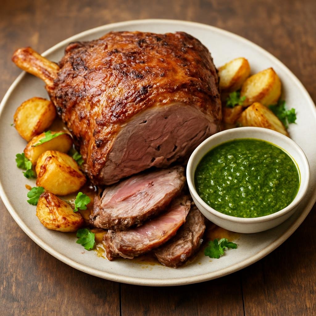 Entree: New Zealand – South Island – Roast Lamb with Mint Sauce (Roast leg or shoulder of lamb served with a tangy mint, vinegar, and sugar sauce) recipe