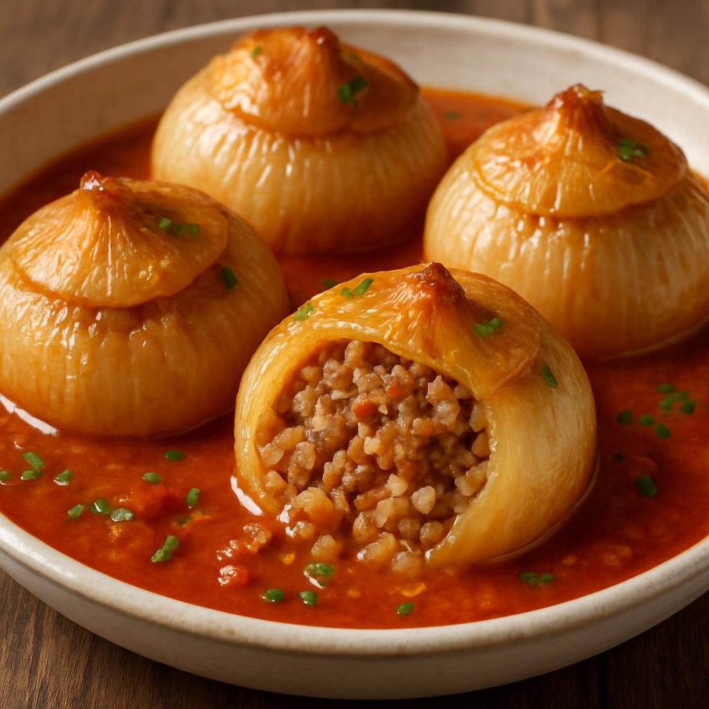 Entree: Bosnia and Herzegovina – National Cuisine – Sogan-dolma (Hollowed baked onions stuffed with seasoned rice and minced meat in a tomato-sauce braise) recipe