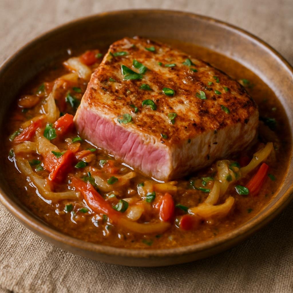Entree: Cape Verde – National Cuisine – Bife de Atum (Seared tuna steak prepared with Cape Verdean garlic, onion, and piri-piri flavors) recipe
