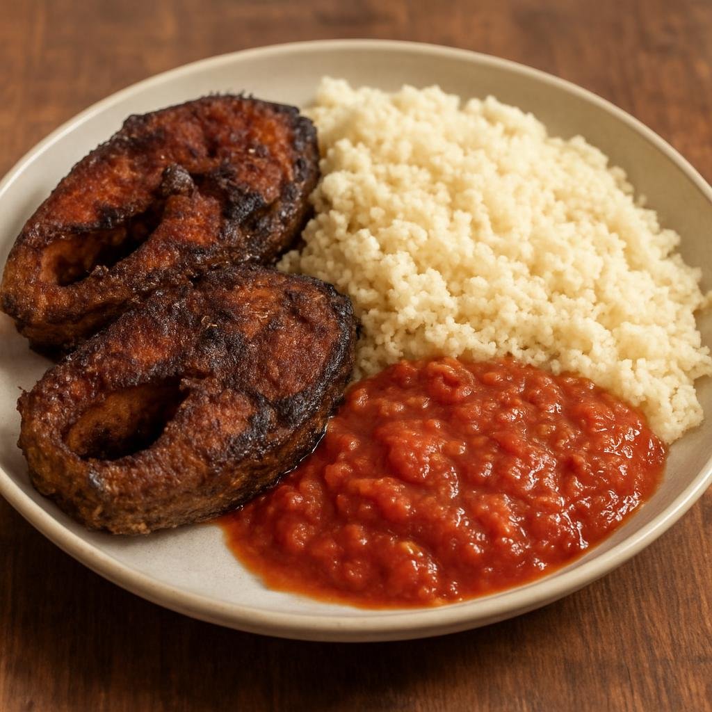 Entree: Cote d'Ivoire – National Cuisine – Garba (Ivorian street-food dish of fried tuna served with attiéké cassava couscous and a spicy tomato-chili sauce) recipe