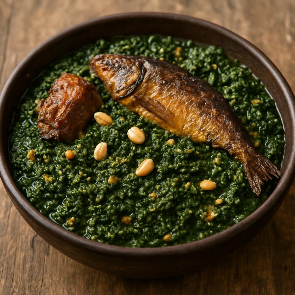 Entree: Democratic Republic of the Congo – National Cuisine – Pondu (Stewed mashed cassava leaves cooked with peanuts and smoked fish or meat) recipe
