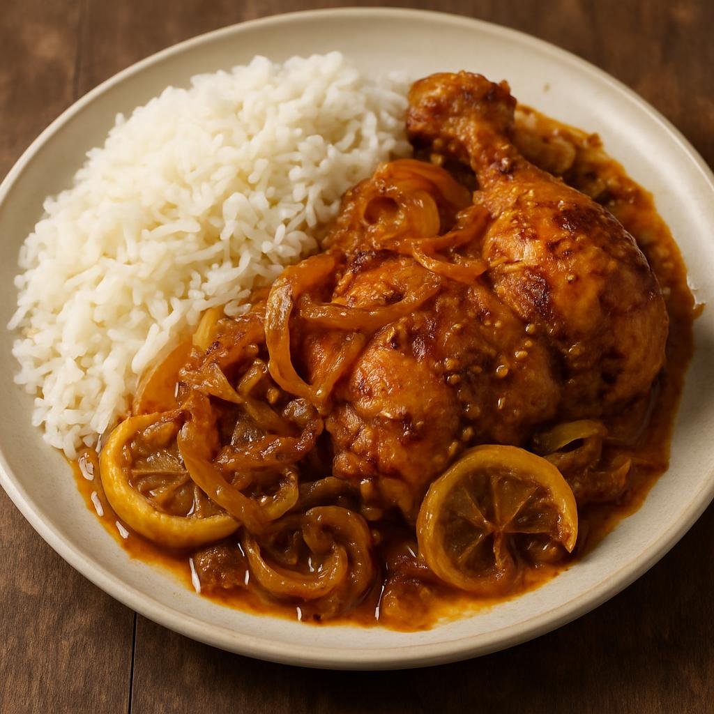 Entree: Djibouti – National Cuisine – Yasa (Tangy marinated chicken braised with caramelized onions, citrus, and mustard served with rice) recipe