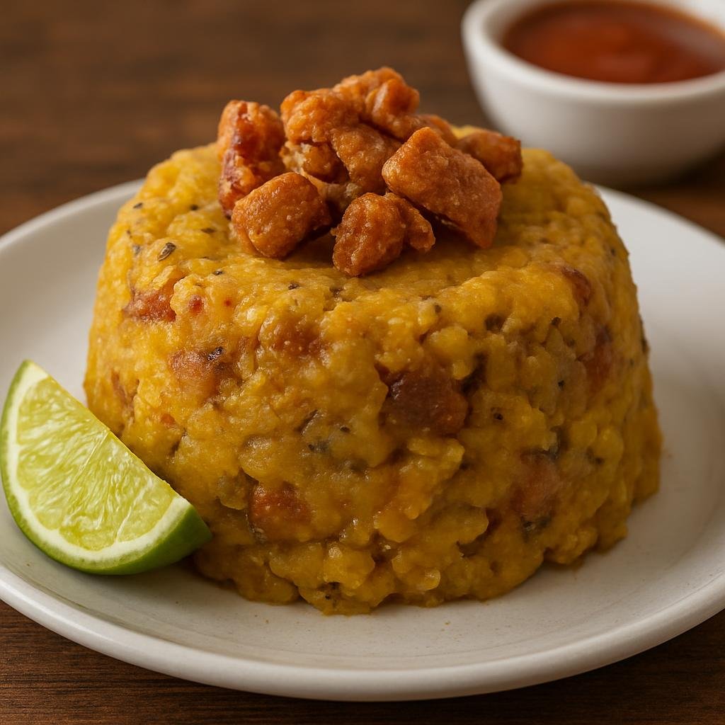 Entree: Dominican Republic – National Cuisine – Mofongo (Mashed fried green plantains mixed with garlic and pork cracklings, formed into a savory mound) recipe