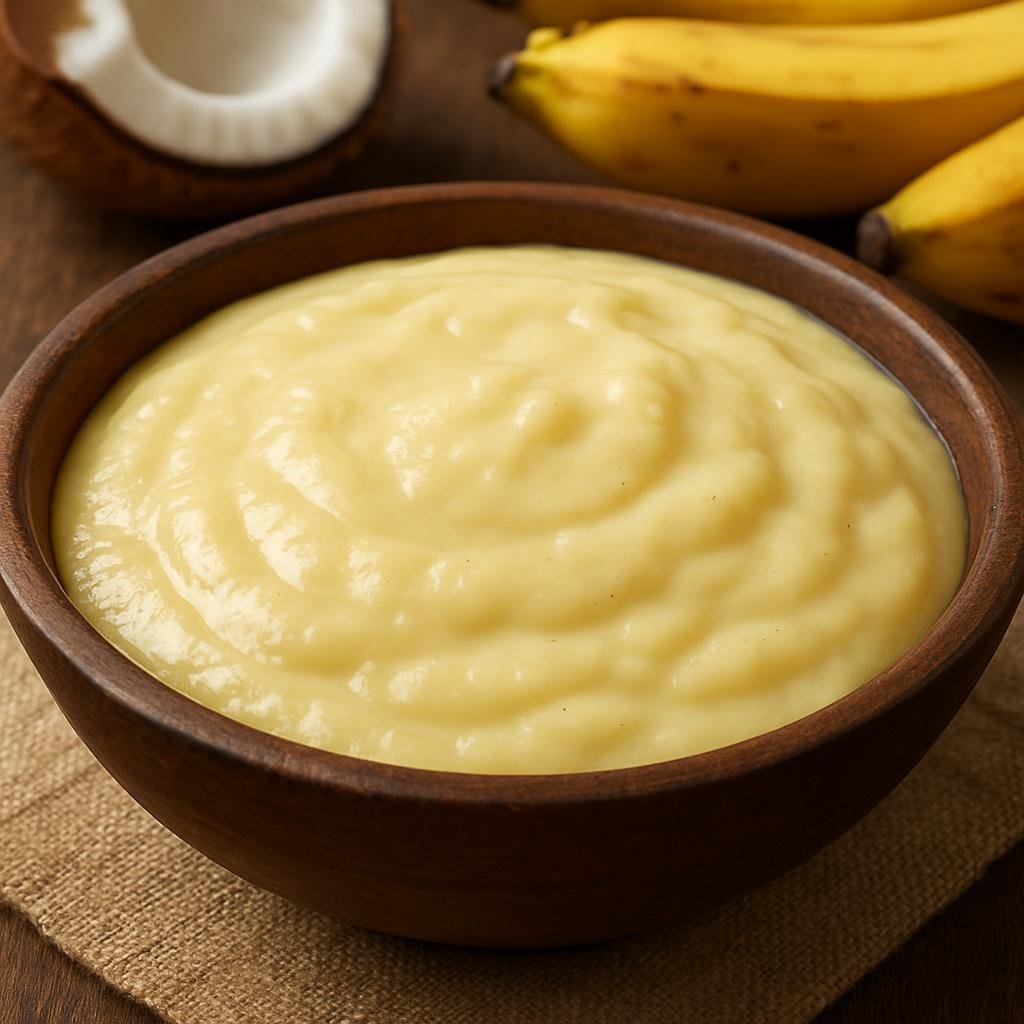 Entree: French Polynesia – National Cuisine – Poe (Steamed Polynesian banana pudding thickened with starch and coconut milk) recipe