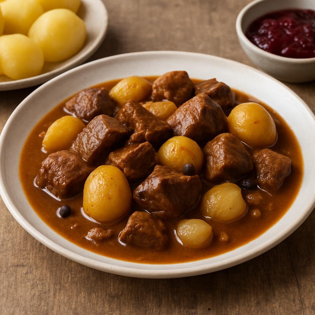 Entree: Sweden – Skane / South Sweden – Skånsk Kalops (Slow-cooked Scanian beef stew seasoned with allspice and onions) recipe