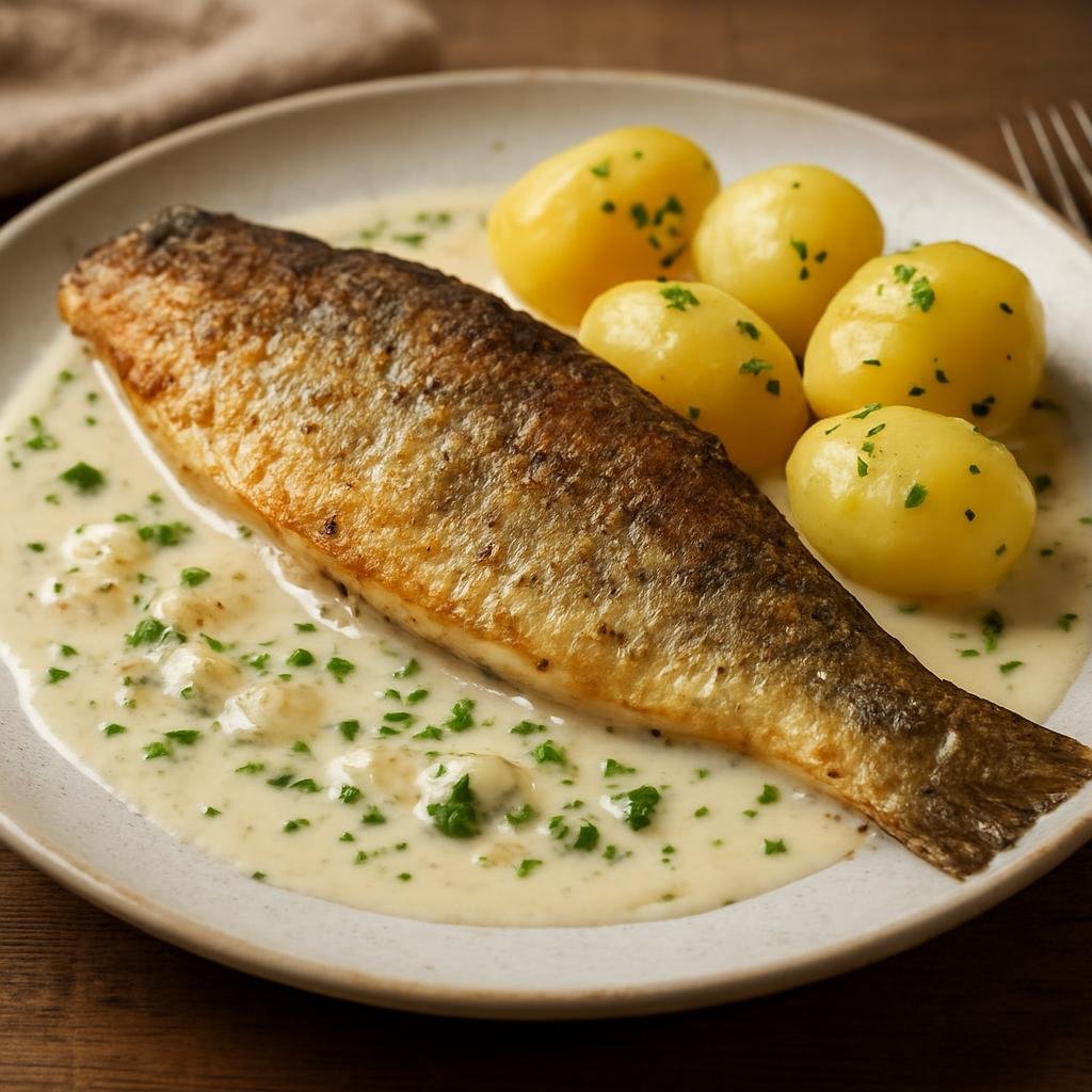 Entree: Luxembourg – Northern Culinary Region – F'rell Am Rèisleck (Pan-fried trout finished in a Riesling wine and cream sauce) recipe
