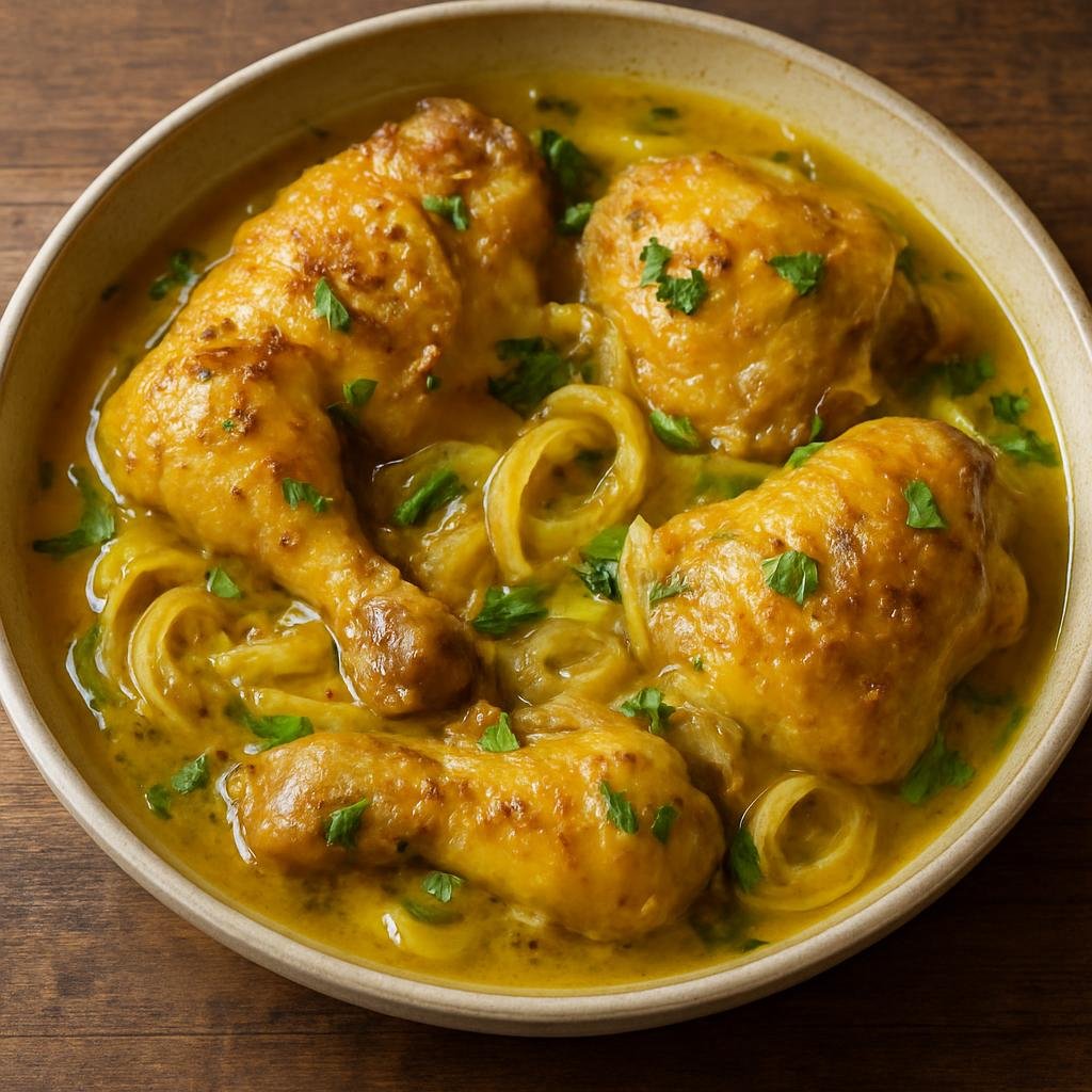 Entree: Mauritania – Northern Culinary Region – ياسّا بويليه ➤ Yassa Poulet — yah-sah poo-LAY (Marinated and braised chicken in a sharp lemon-mustard onion sauce) recipe