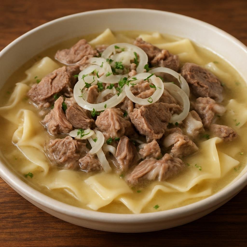Entree: Kyrgyzstan – Southern Culinary Region – бешбармак ➤ beshbarmak (Boiled meat served over wide hand-rolled noodles with a clear onion broth) recipe