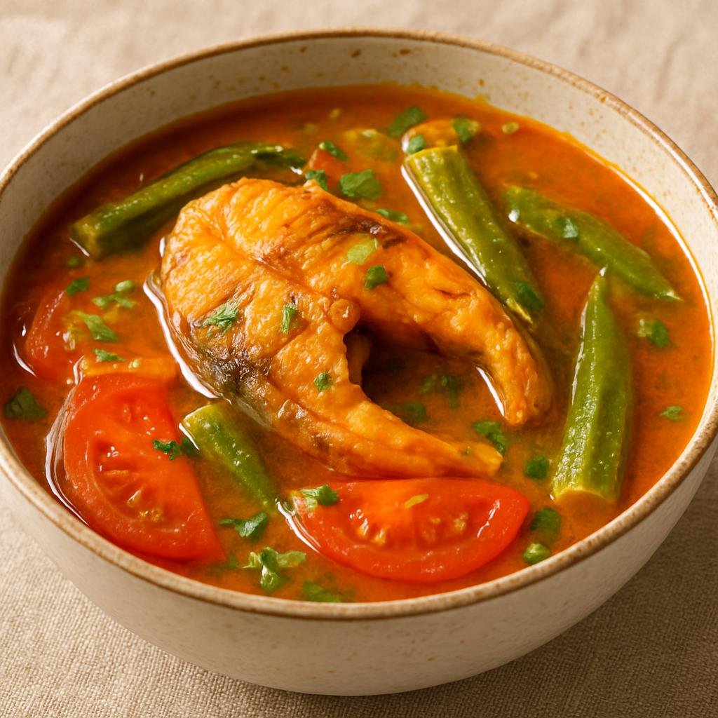 Entree: Guinea-Bissau – Southern Culinary Region – Caldo de Peixe (Hearty West African fish soup with tomatoes, palm oil, and okra) recipe