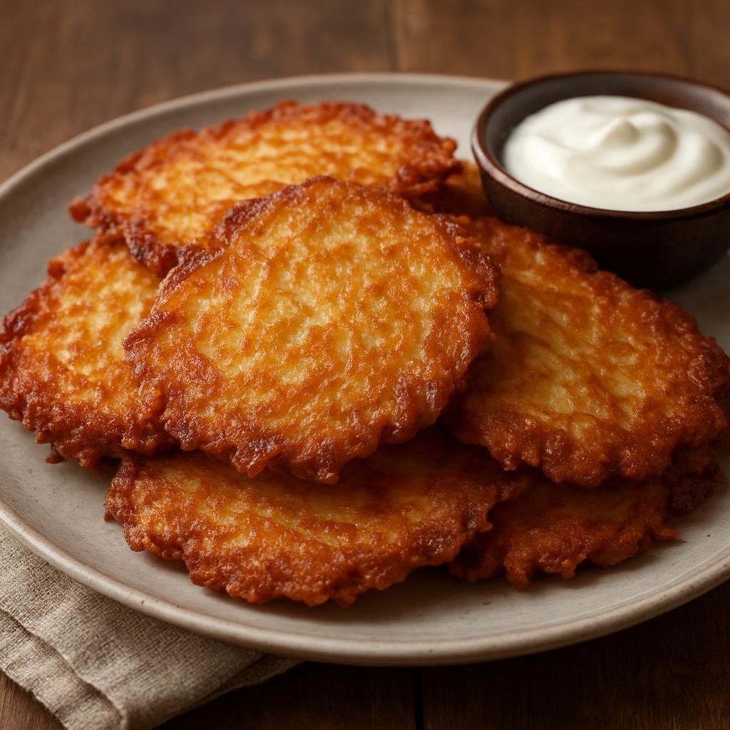 Entree: Slovakia – Northern Culinary Region – Zemiakové Placky (Crispy grated potato pancakes pan-fried until golden, traditionally served savory) recipe