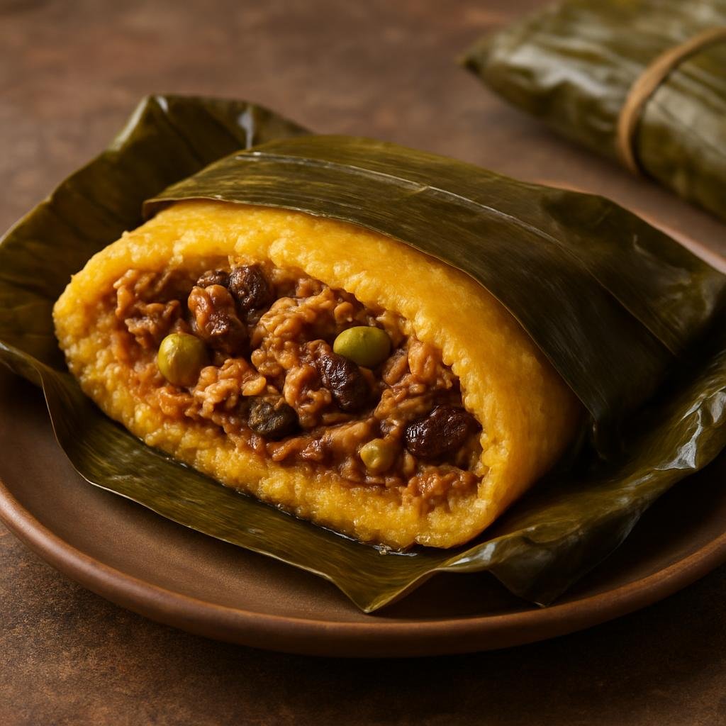 Entree: Venezuela – Northern Culinary Region – Hallacas (A cornmeal dough parcel filled with seasoned meats, raisins, olives and capers, wrapped in plantain leaves and boiled) recipe