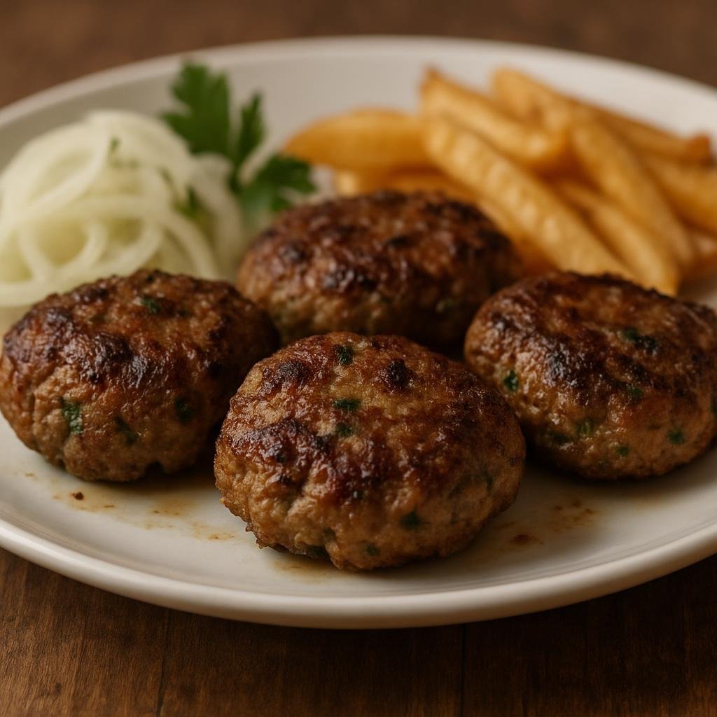 Entree: Albania – Central Culinary Region – Qofte (Seasoned pan-fried or grilled meat patties made with ground beef or lamb, herbs, and spices) recipe