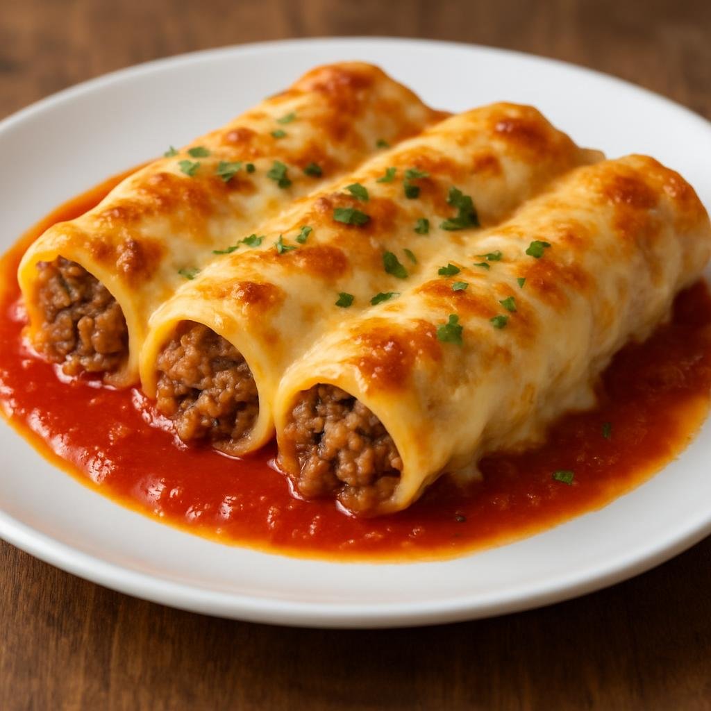 Entree: Andorra – Central Culinary Region – Canelons (Baked pasta tubes filled with seasoned ground meat and covered in béchamel and tomato sauce) recipe