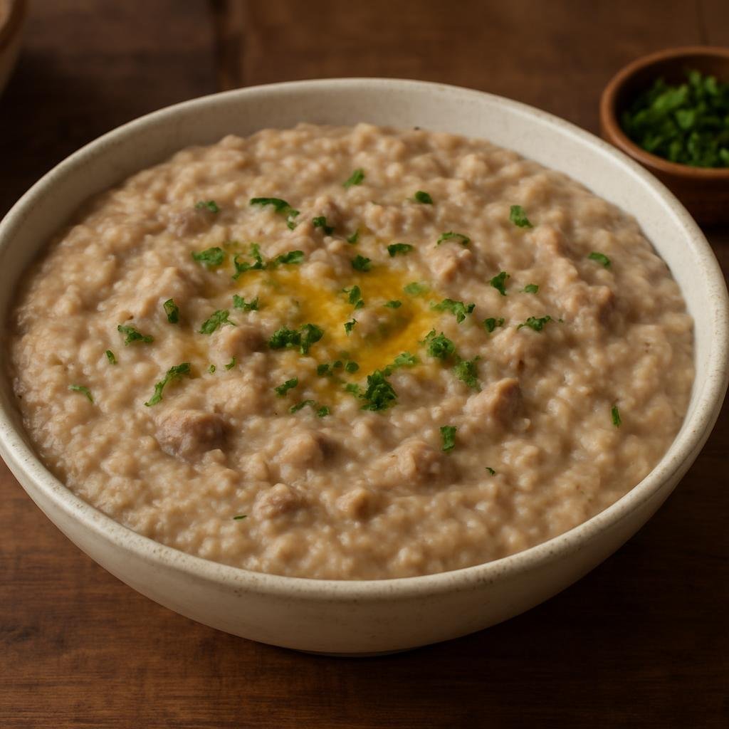 Entree: Bahrain – Central Culinary Region – هريس ➤ Harees (Slow-cooked cracked wheat and meat porridge finished to a thick, creamy texture) recipe