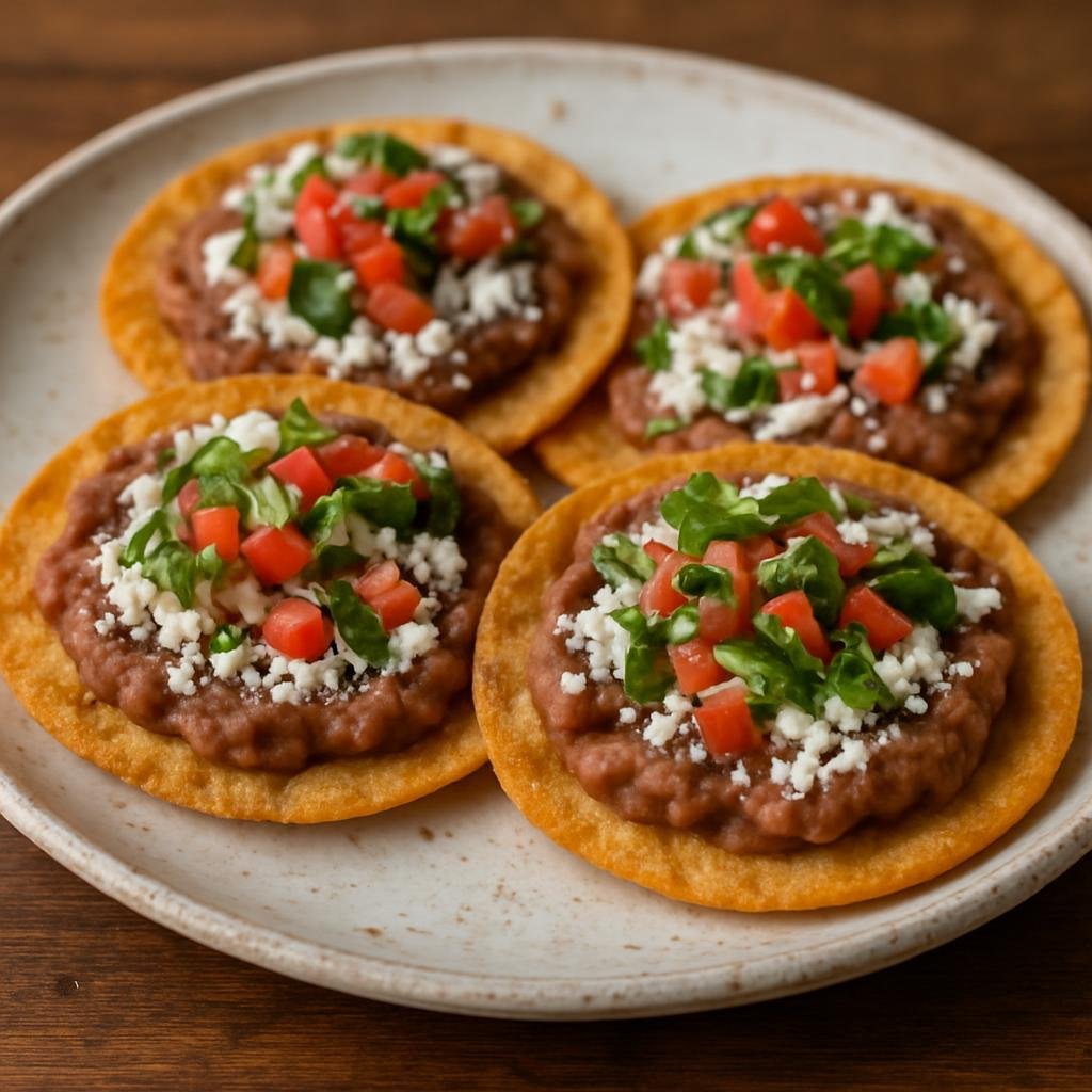 Entree: Belize – Central Culinary Region – Garnaches (Small fried corn tortillas topped with refried beans, cheese, and fresh garnishes) recipe
