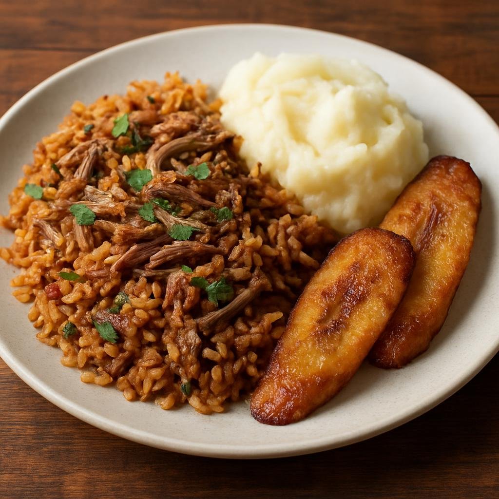 Entree: Bolivia – Central Culinary Region – Majadito (Bolivian seasoned rice with shredded beef, mashed yuca, and fried plantain) recipe