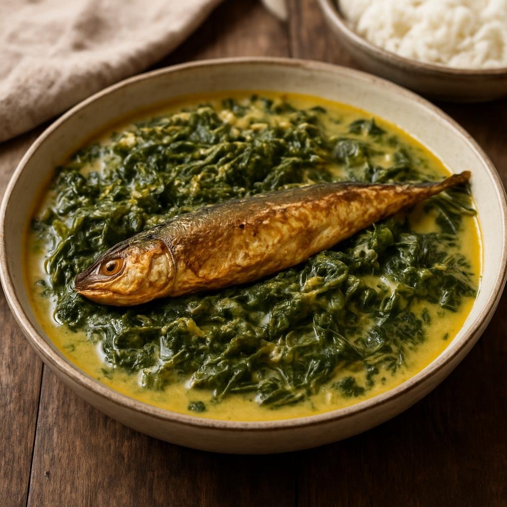 Entree: Comoros – M'tsolola (A hearty Comorian stew of leafy cassava with smoked fish simmered in coconut milk) recipe