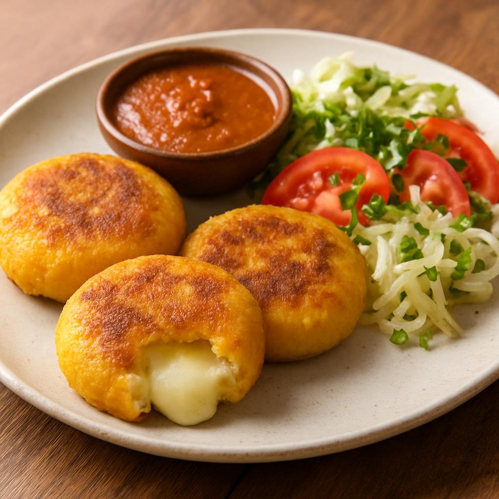 Entree: Ecuador – Llapingachos (Cheese-stuffed Ecuadorian potato patties fried until golden and served with a savory peanut-style sauce and typical garnishes) recipe