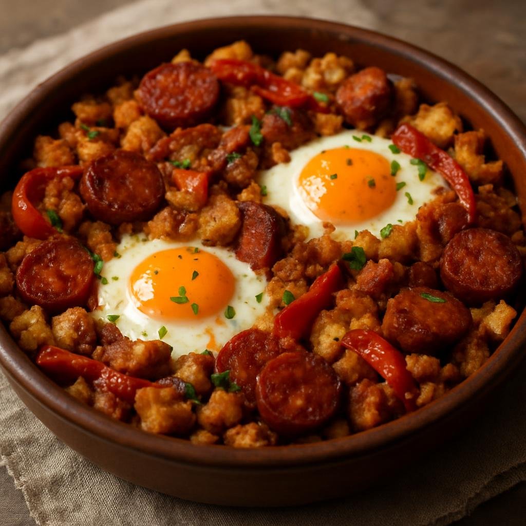Entree: Spain – Aragon – Migas Aragonesas (Rustic Aragonese fried-day-old-bread dish with garlic, chorizo, peppers and eggs) recipe