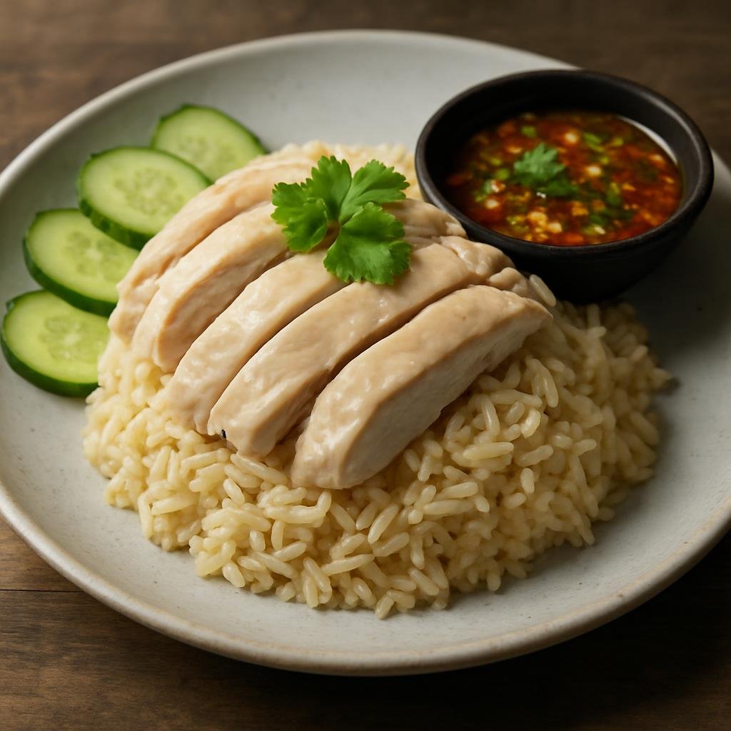 Entree: Thailand – Central Thailand – ข้าวมันไก่ ➤ khao man gai (Hainanese-style poached chicken served with fragrant oily rice and a spicy-sour dipping sauce) recipe