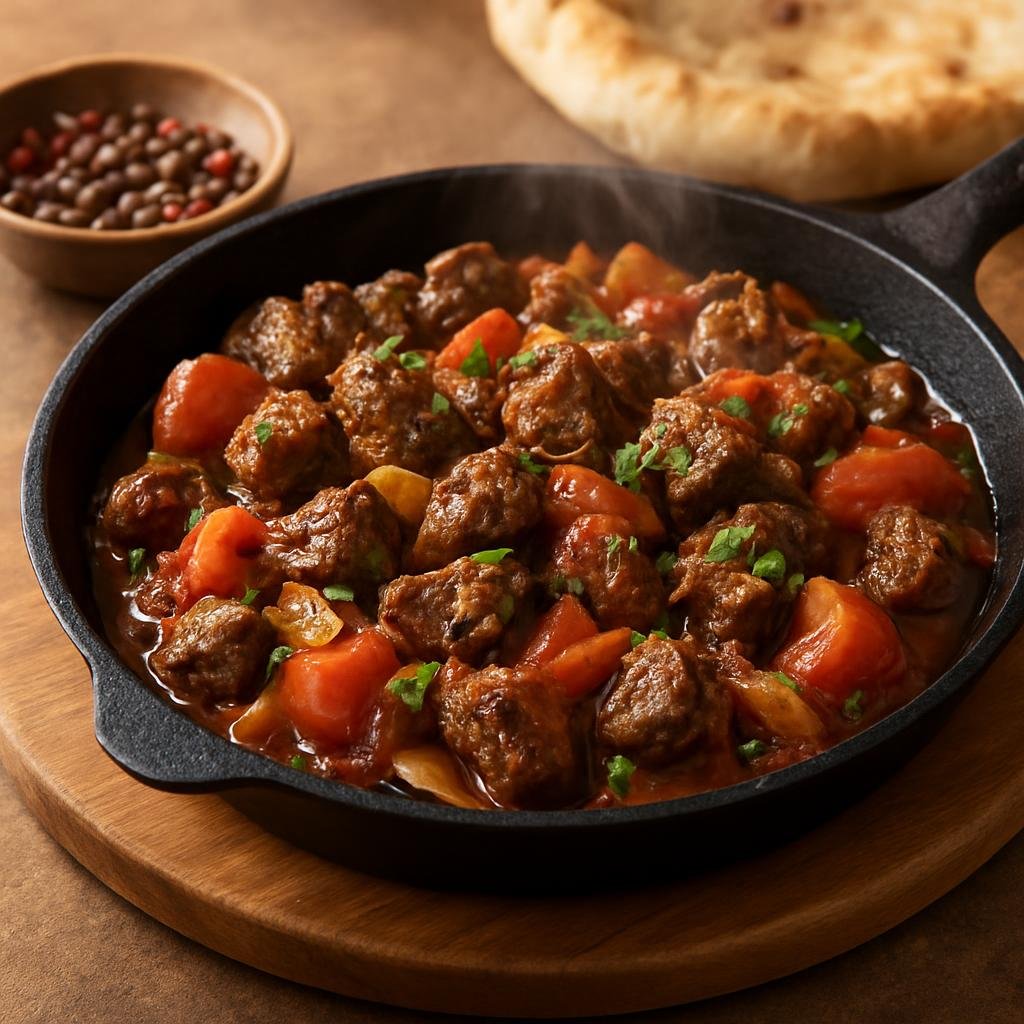 Entree: Azerbaijan – Baku & Absheron – Jiz-Biz (Sizzling pan-fried lamb cubes cooked with tomatoes, onions, and regional spices) recipe