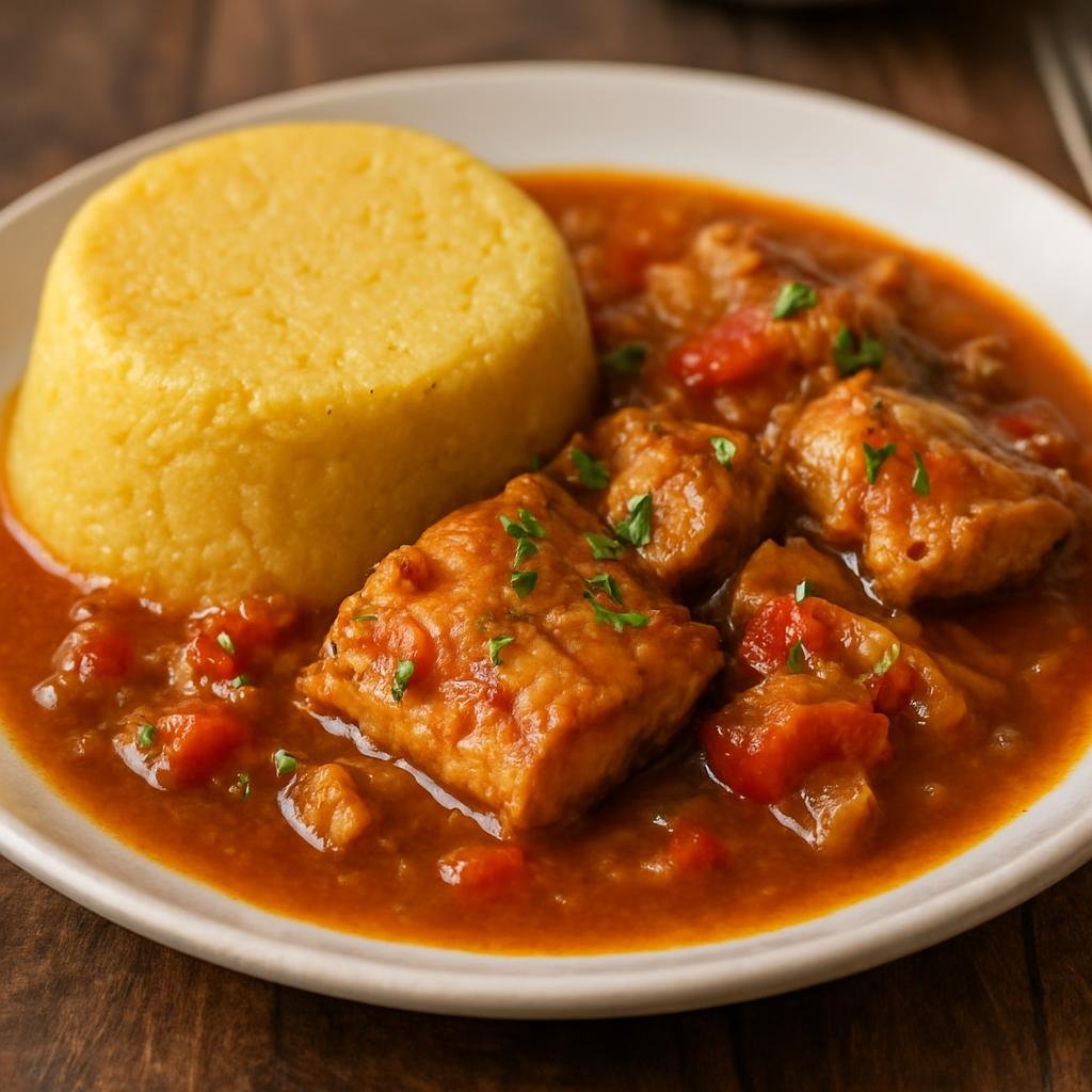 Entree: Bonaire, Sint Eustatius and Saba – National Cuisine – Funchi and Stew (firm cornmeal cake with spicy fish stew) recipe