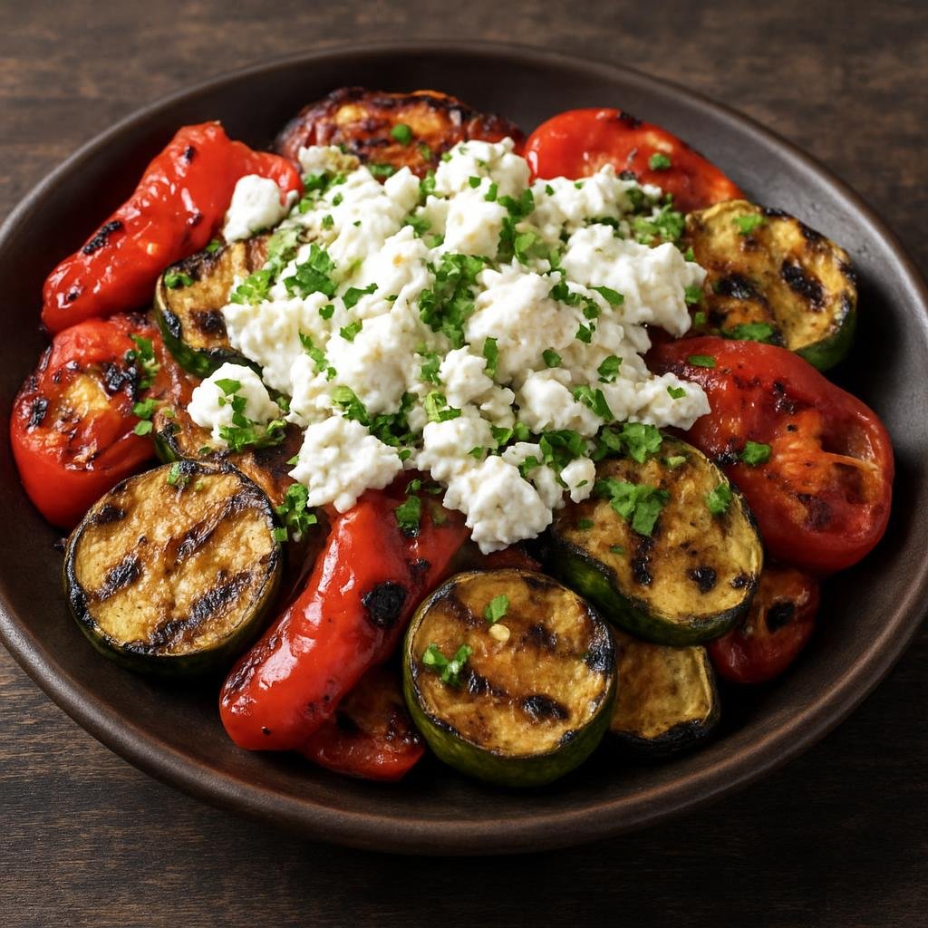Entree: Bulgaria – National Cuisine – Шопска скара ➤ Shopska skara (Charcoal-grilled Shopska-style vegetables and Bulgarian white brined cheese finished with parsley and olive oil) recipe