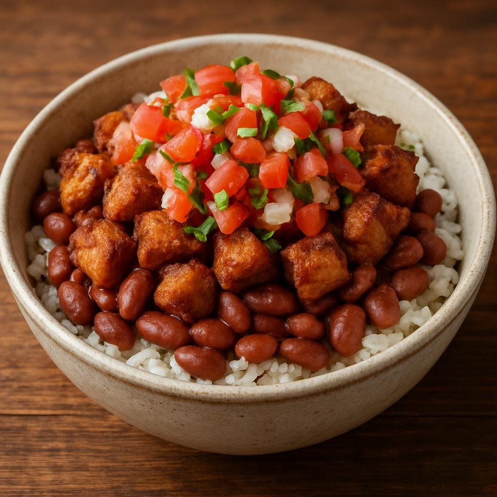 Entree: Costa Rica – National Cuisine – Chifrijo (Layered bowl of rice, red beans, crispy fried pork and fresh salsa) recipe