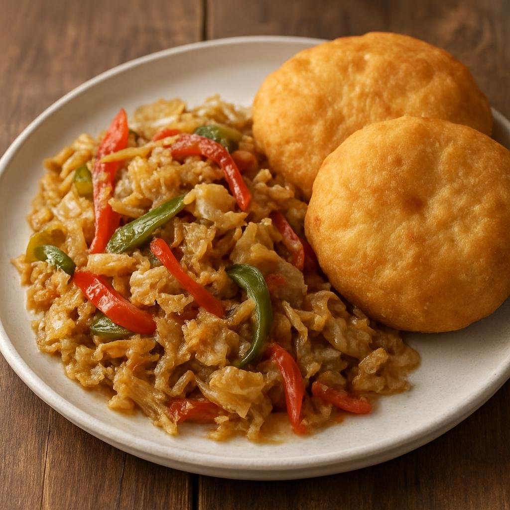 Entree: Dominica – National Cuisine – Saltfish and Bakes (Salted cod cooked with peppers and onions, served with fried dough bakes) recipe