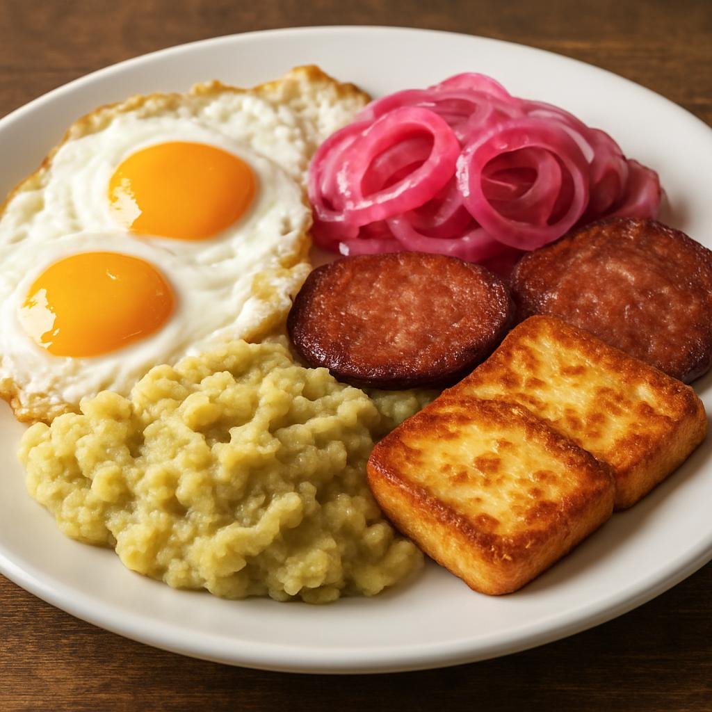 Entree: Dominican Republic – National Cuisine – Mangú con Los Tres Golpes (Mashed boiled green plantains served with fried eggs, fried Dominican salami, fried cheese, and pickled onions) recipe