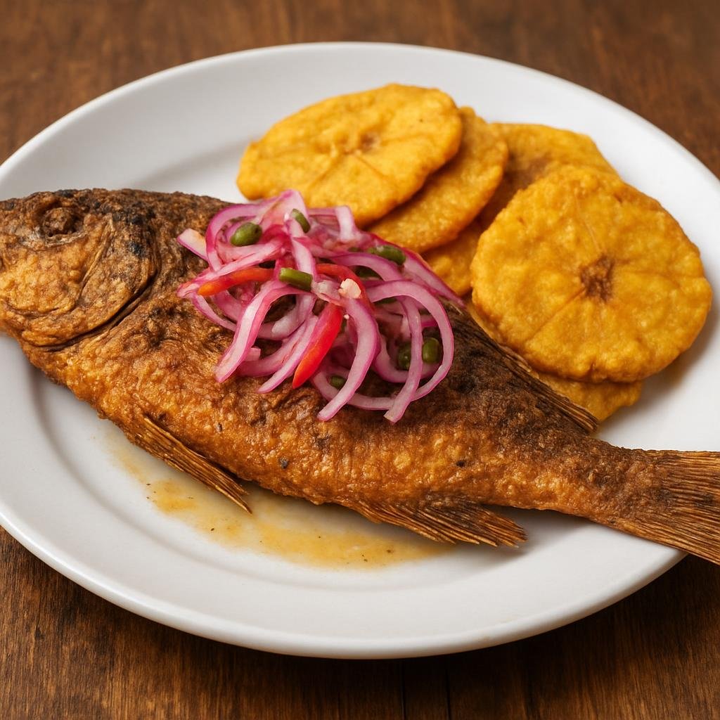 Entree: Honduras – Northern Culinary Region – Pescado Frito (Whole fried Caribbean-style seasoned fish commonly served with pickled onions and fried plantains) recipe