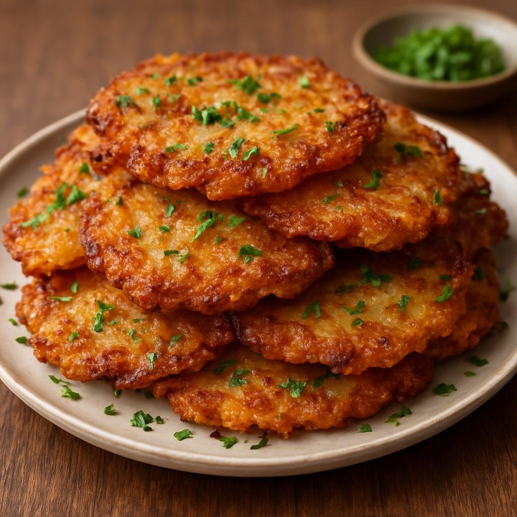 Entree: Luxembourg – Northern Culinary Region – Gromperekichelcher (Crispy fried potato pancakes seasoned with onion and parsley) recipe