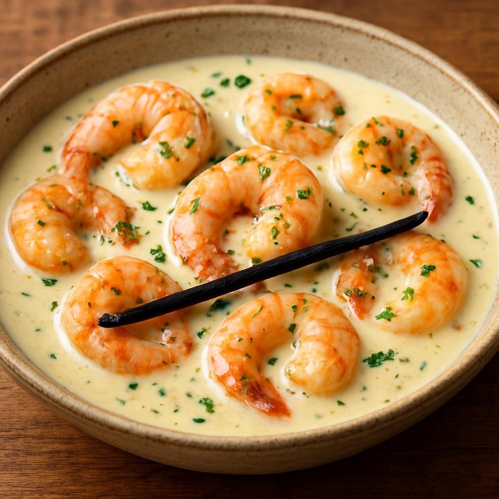 Entree: New Caledonia – Northern Culinary Region – Prawns in Vanilla Sauce (Prawns cooked in a rich cream sauce scented with vanilla) recipe