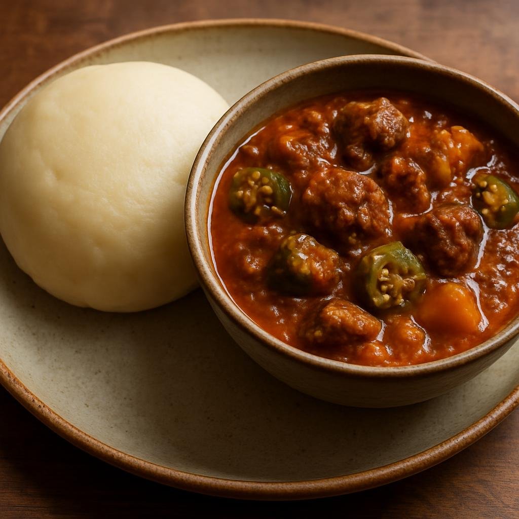 Entree: Sierra Leone – Northern Culinary Region – Fufu with Soup (Soft pounded starchy dough served alongside a hearty peanut-based meat and vegetable soup) recipe