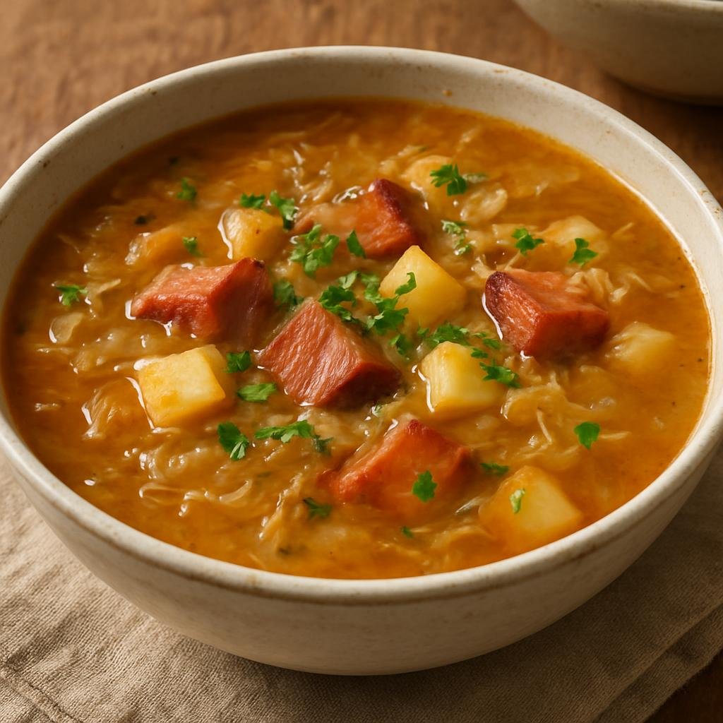 Entree: Slovenia – Northern Culinary Region – Kisla Juha (Traditional Slovenian sour soup made with smoked pork, sauerkraut, and potatoes) recipe