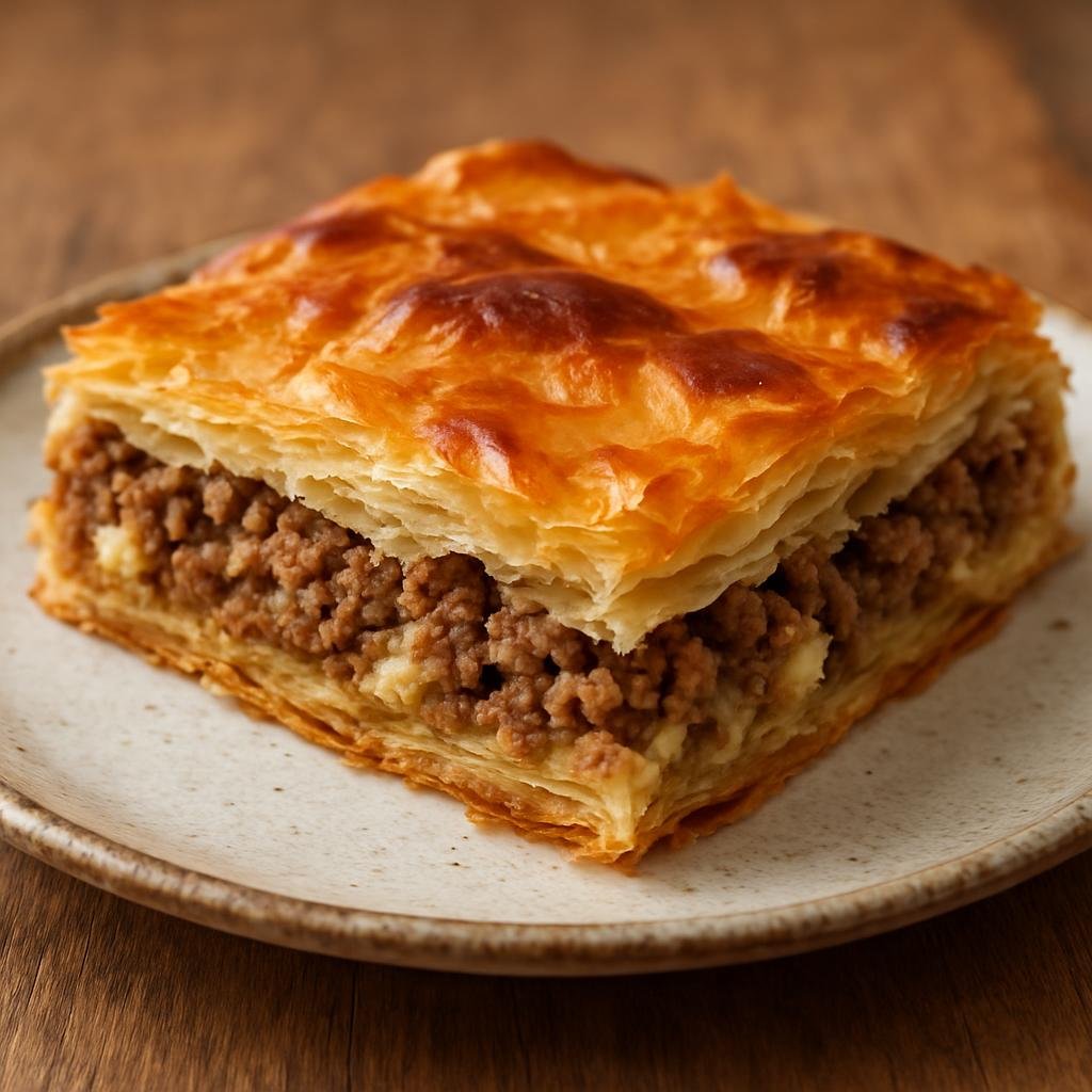 Entree: Albania – Central Culinary Region – Byrek (Baked layered phyllo pastry filled with seasoned ground beef and cheese) recipe