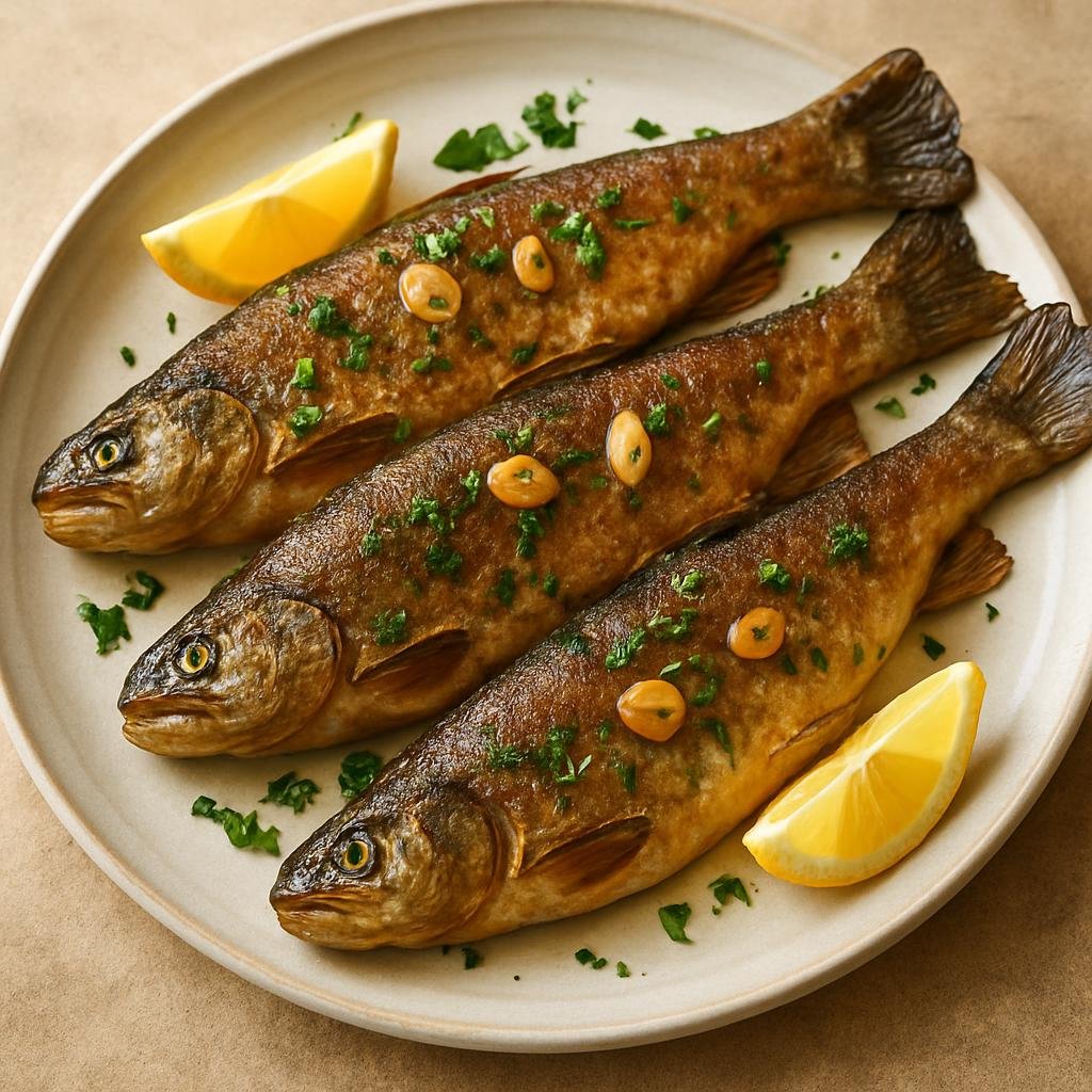Entree: Andorra – Central Culinary Region – Truites de Riu (Pan-fried mountain river trout seasoned simply with garlic, lemon, and parsley) recipe