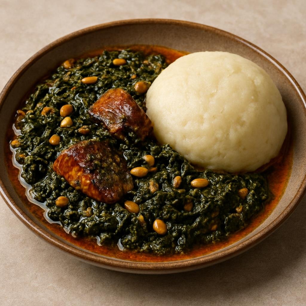 Entree: Angola – Central Culinary Region – Kizaca (Hearty Angolan stew of cassava leaves and smoked fish enriched with palm oil and peanuts, served with cassava funge) recipe