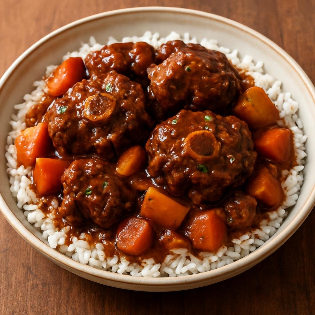 Entree: Anguilla – Central Culinary Region – Stewed Oxtail (Slow-braised oxtail in a deeply seasoned Caribbean gravy with root vegetables, served over rice) recipe