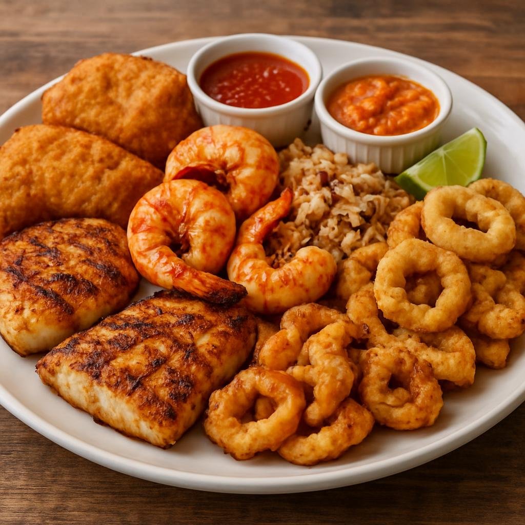 Entree: Aruba – Central Culinary Region – Aruban Seafood Platter (Assorted locally caught grilled and fried seafood served with Caribbean-style sauces and sides typical of Aruba) recipe