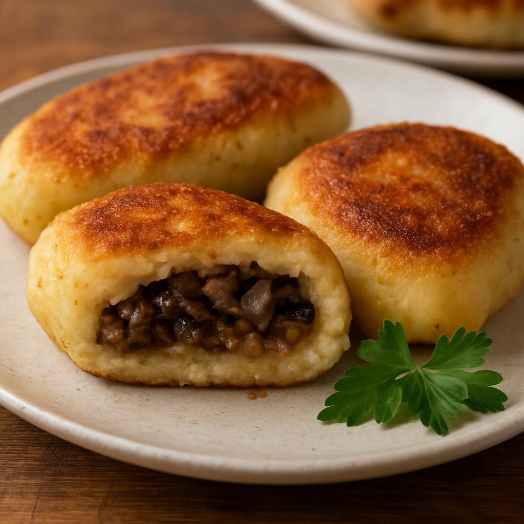 Entree: Belarus – Central Culinary Region – зразы ➤ zrazy (Stuffed mashed-potato patties or roulades filled with savory mushroom and onion filling) recipe