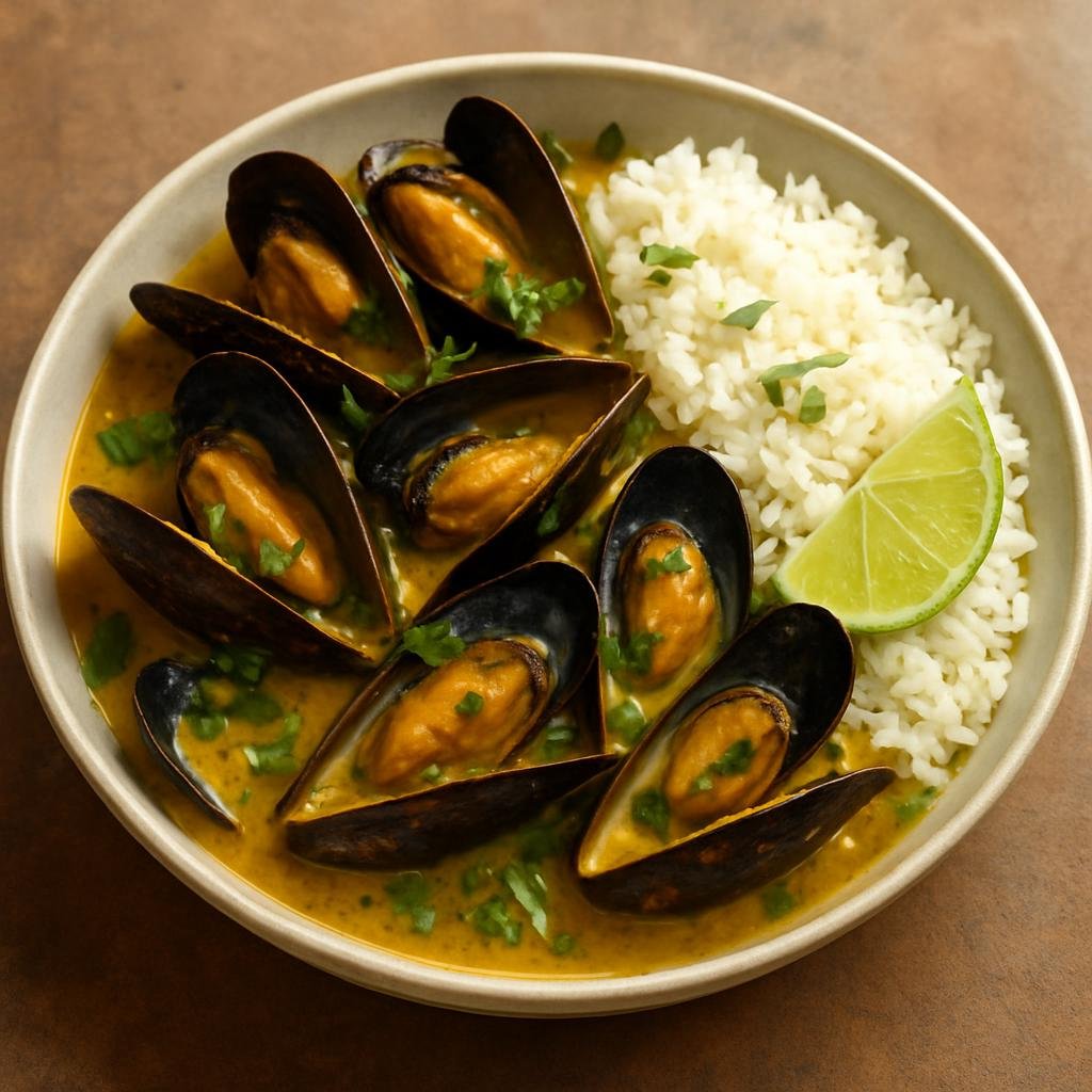 Entree: Bermuda – Central Culinary Region – Curried Mussels (Mussels cooked in a fragrant curry and coconut broth, finished with lime and herbs and served with rice) recipe